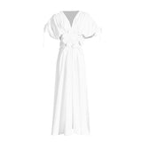 Woochic robe longue col en V fleurie à lacets plissé couture blanc S