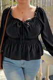 Woochic Haut grande taille col carrée manches bouffantes dentelle cintrée