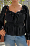 Woochic Haut grande taille col carrée manches bouffantes dentelle cintrée noir 1XL