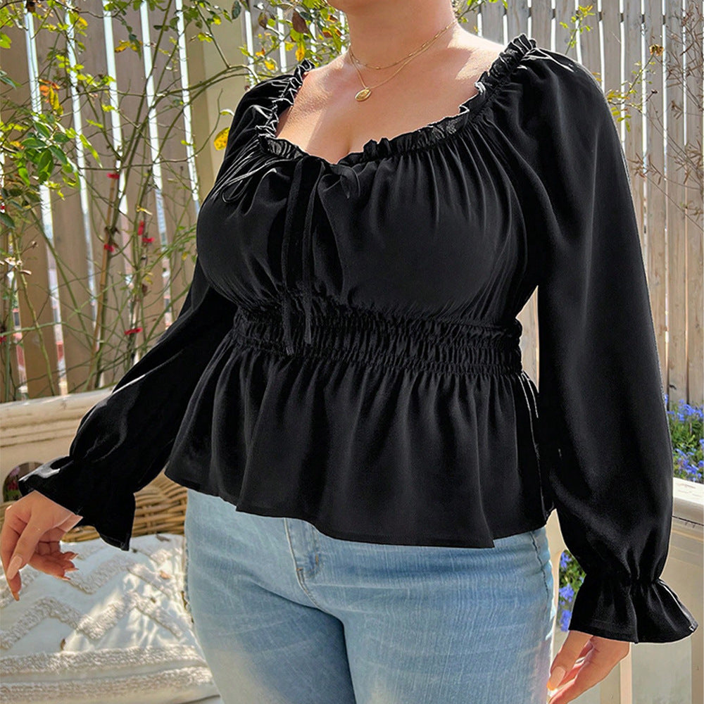 Woochic Haut grande taille col carrée manches bouffantes dentelle cintrée