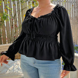 Woochic Haut grande taille col carrée manches bouffantes dentelle cintrée
