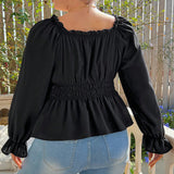 Woochic Haut grande taille col carrée manches bouffantes dentelle cintrée