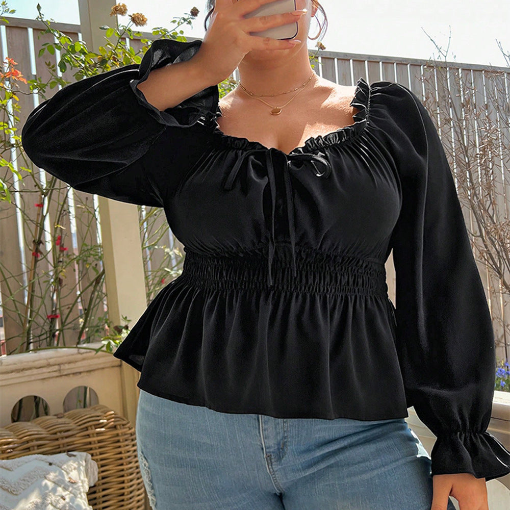 Woochic Haut grande taille col carrée manches bouffantes dentelle cintrée
