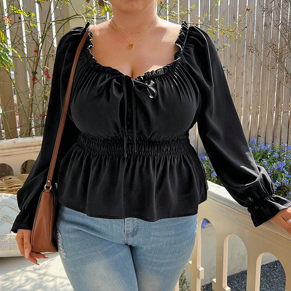 Woochic Haut grande taille col carrée manches bouffantes dentelle cintrée