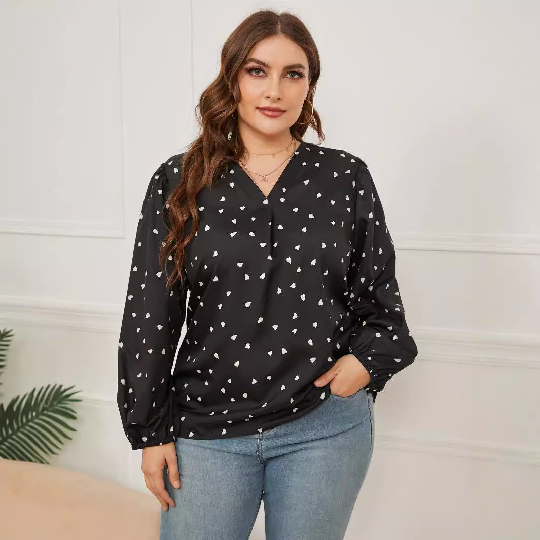 Woochic Haut grande taille col en V imprimé cœur manches longues