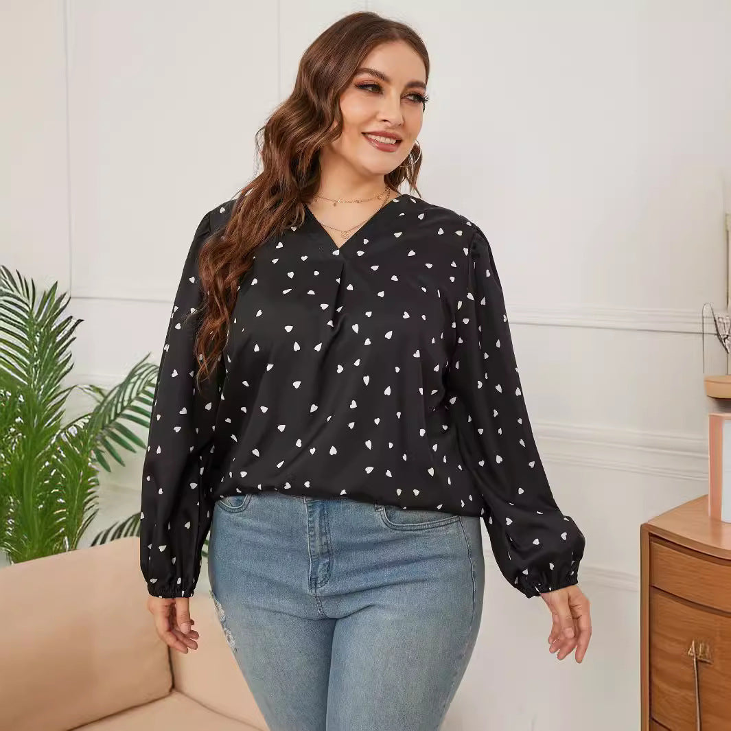 Woochic Haut grande taille col en V imprimé cœur manches longues