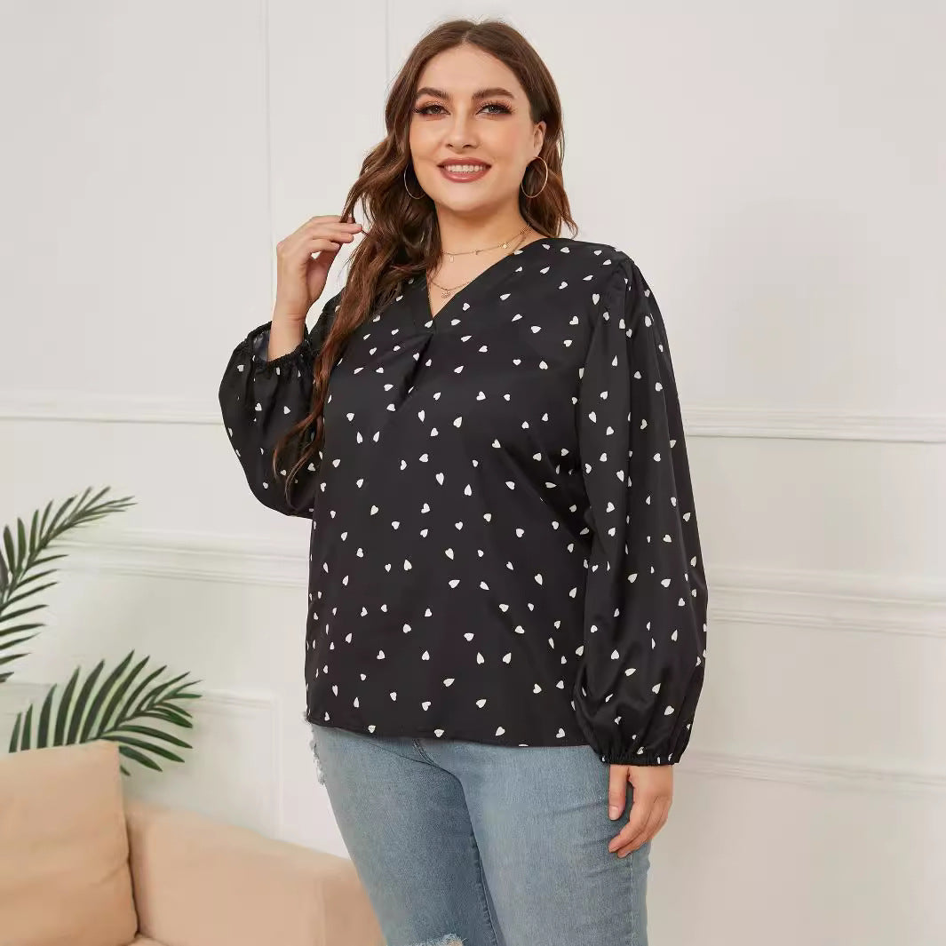Woochic Haut grande taille col en V imprimé cœur manches longues