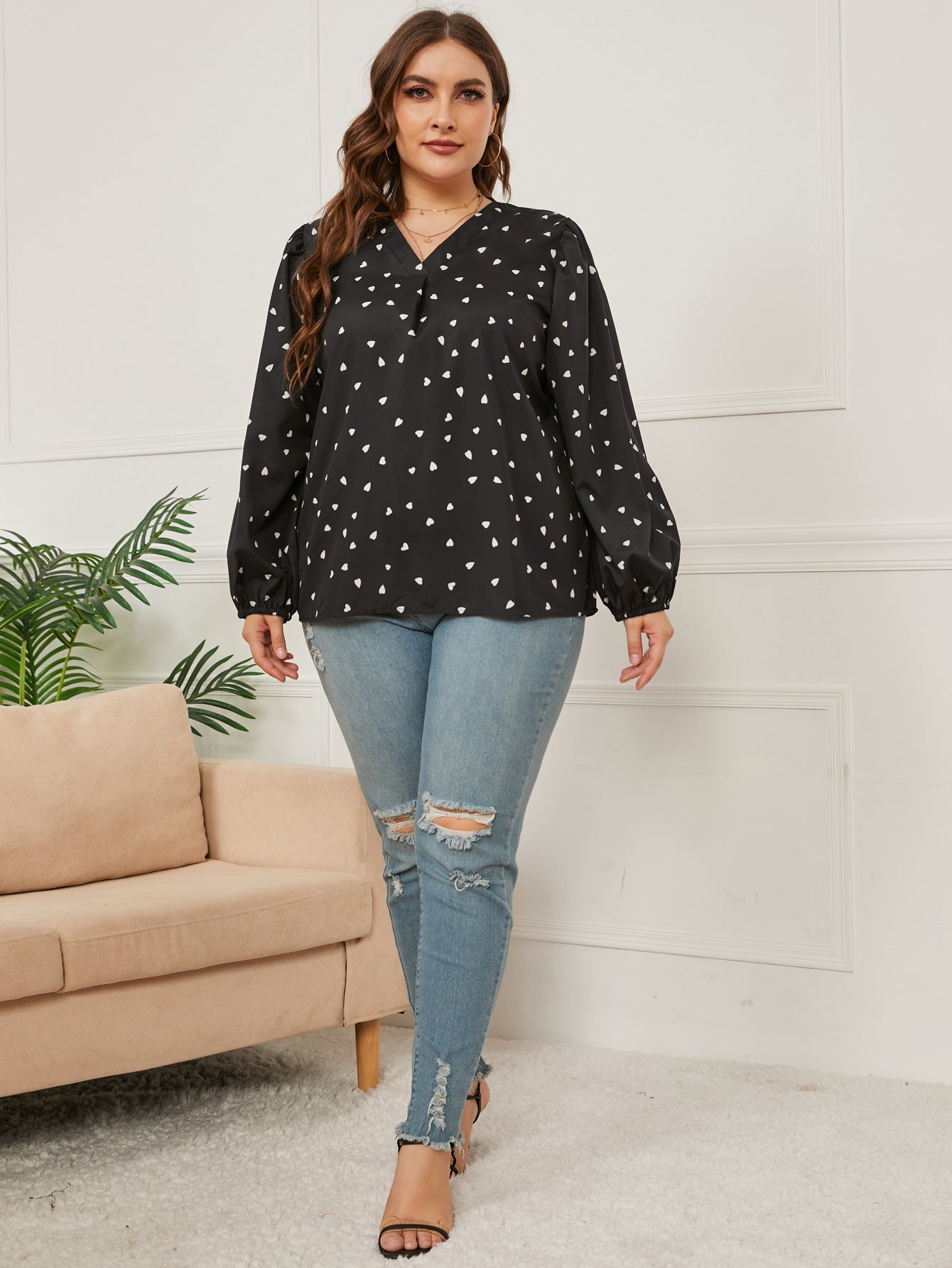Woochic Haut grande taille col en V imprimé cœur manches longues