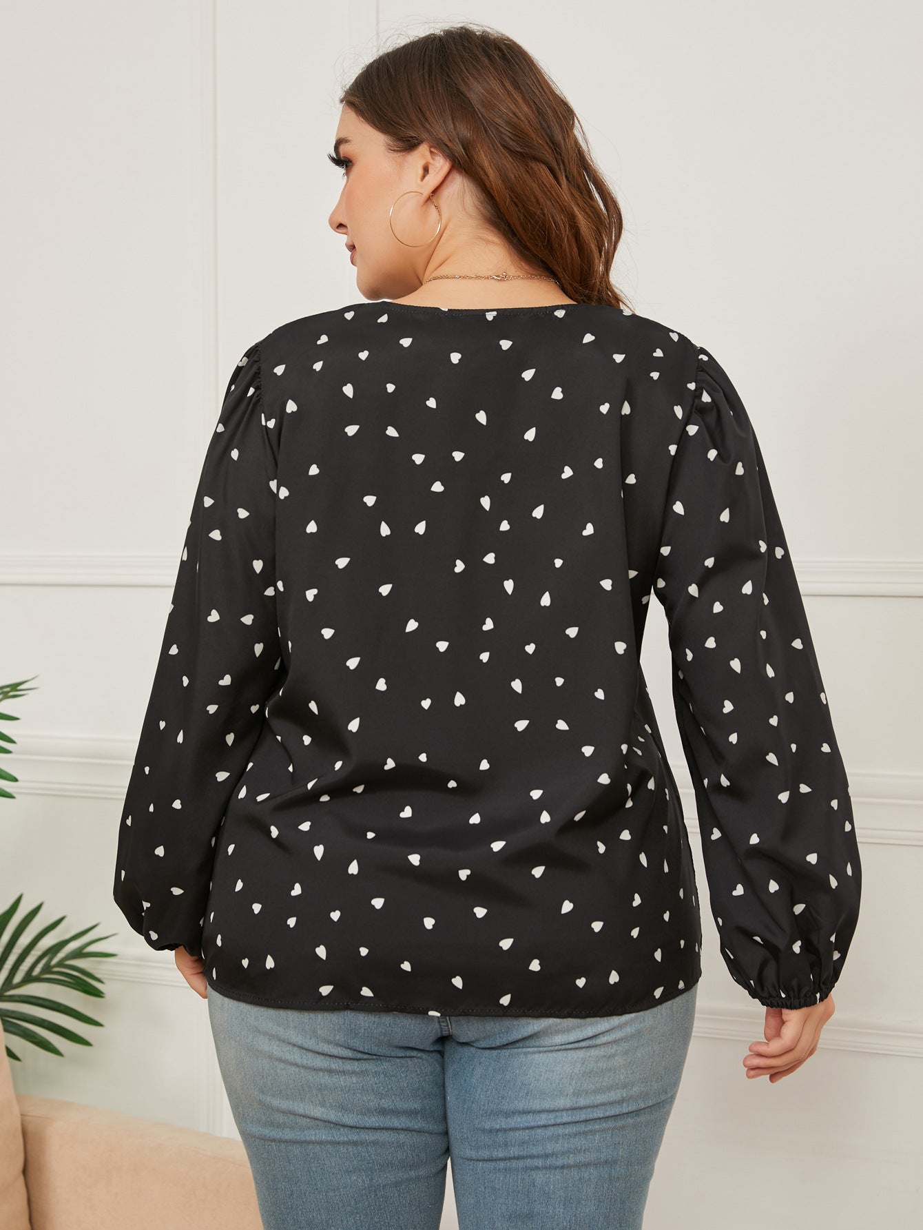 Woochic Haut grande taille col en V imprimé cœur manches longues