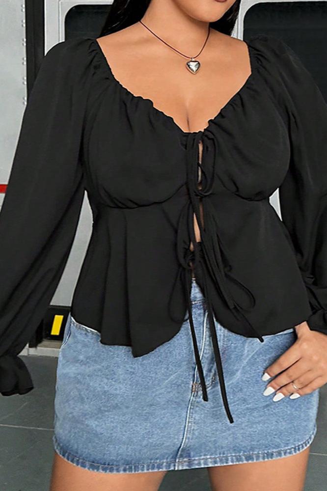 Woochic Haut grande taille col en V manches bouffantes à lacets noir 1XL