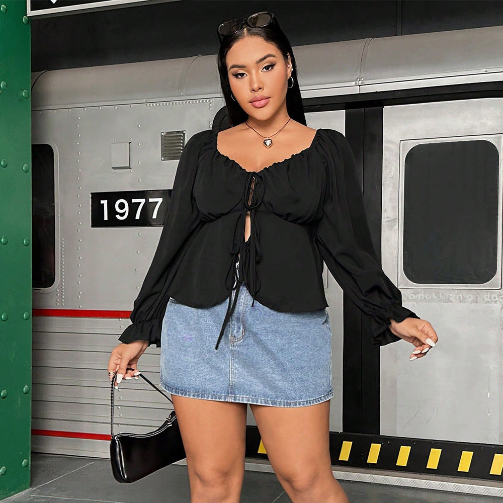 Woochic Haut grande taille col en V manches bouffantes à lacets