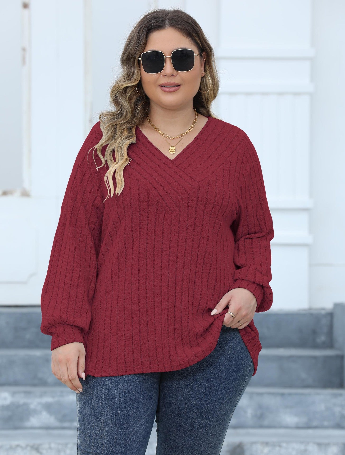 Woochic Haut grande taille col en V rayures manches lanternes