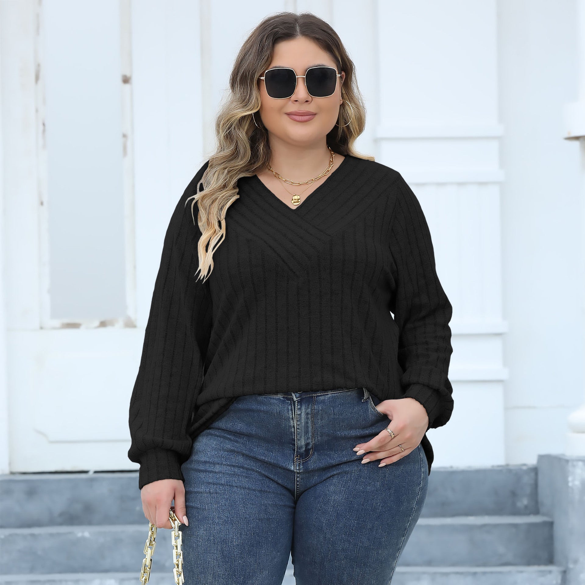 Woochic Haut grande taille col en V rayures manches lanternes