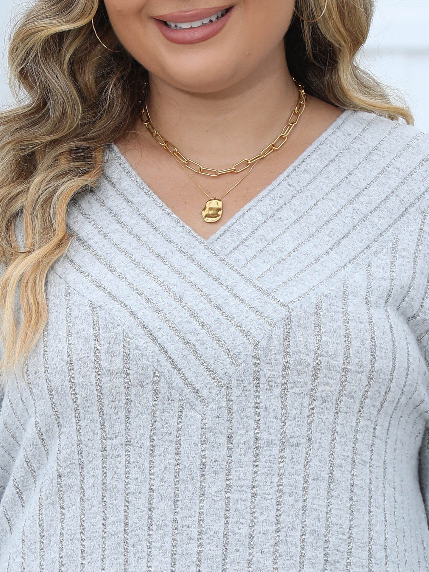 Woochic Haut grande taille col en V rayures manches lanternes