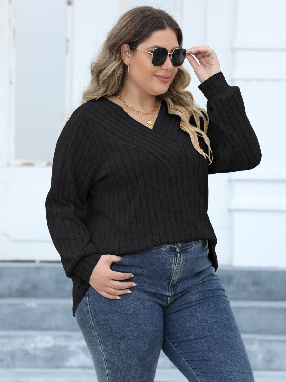 Woochic Haut grande taille col en V rayures manches lanternes