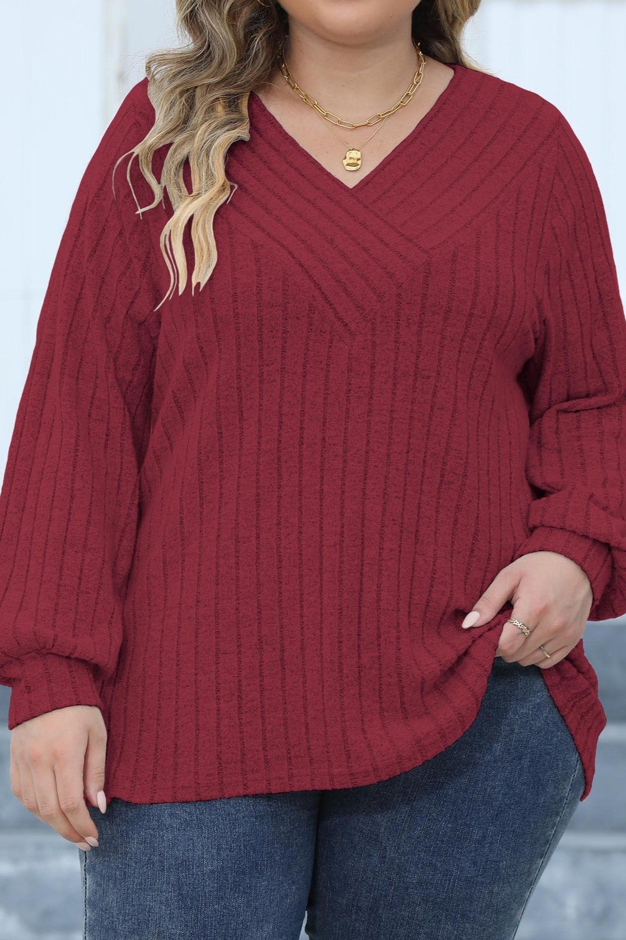 Woochic Haut grande taille col en V rayures manches lanternes rouge 1 XL