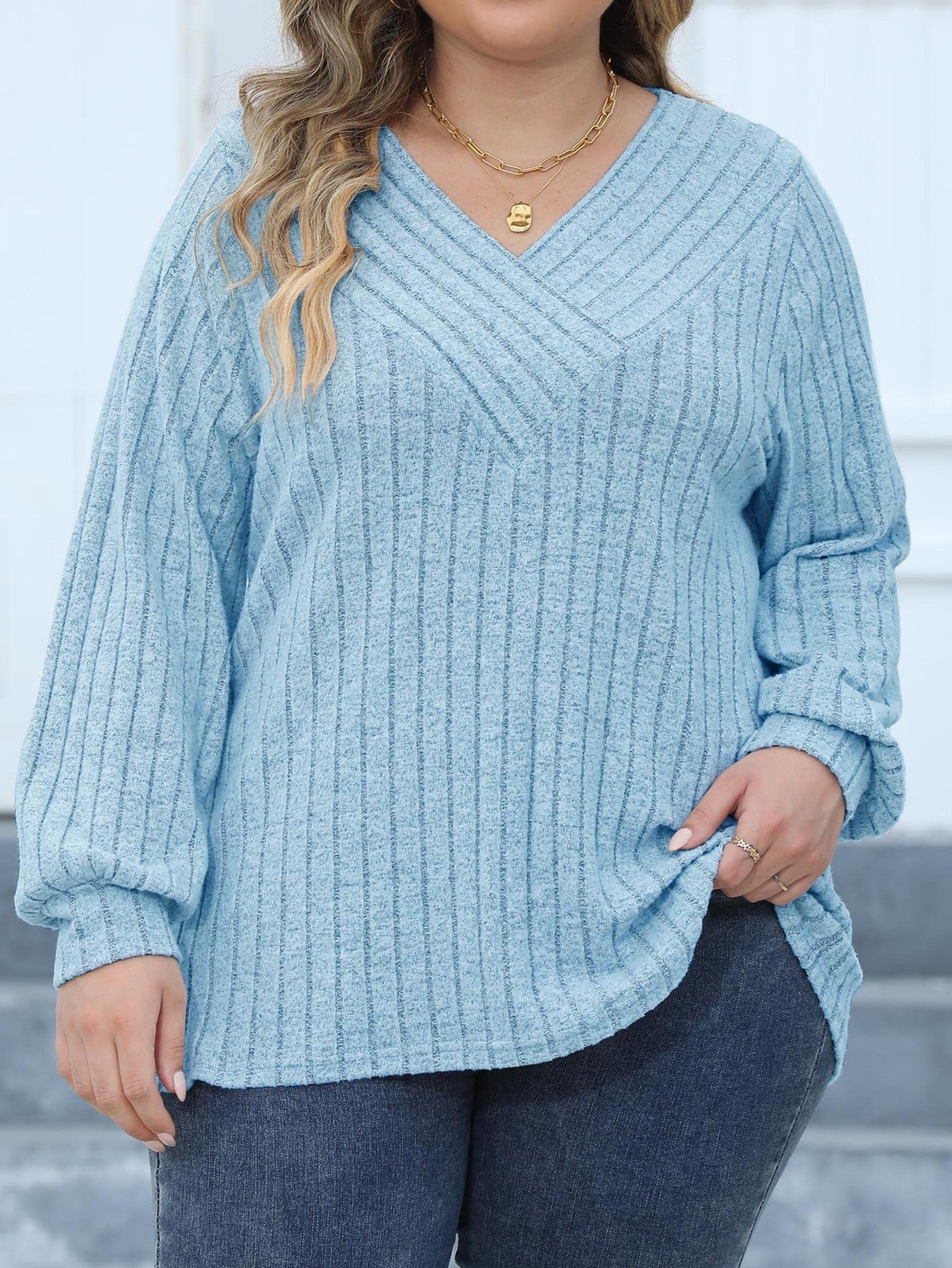 Woochic Haut grande taille col en V rayures manches lanternes bleu 2 XL