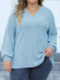 Woochic Haut grande taille col en V rayures manches lanternes bleu 2 XL