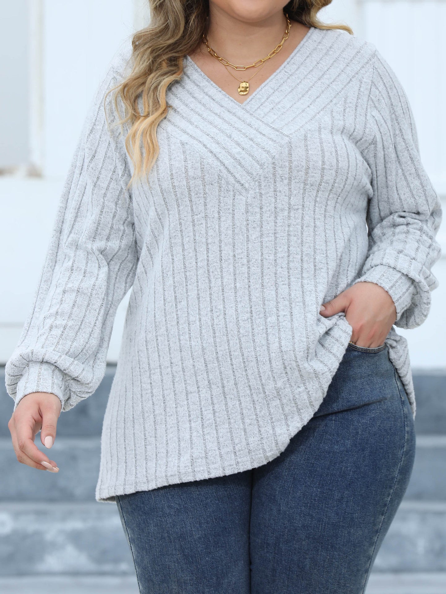 Woochic Haut grande taille col en V rayures manches lanternes gris XL