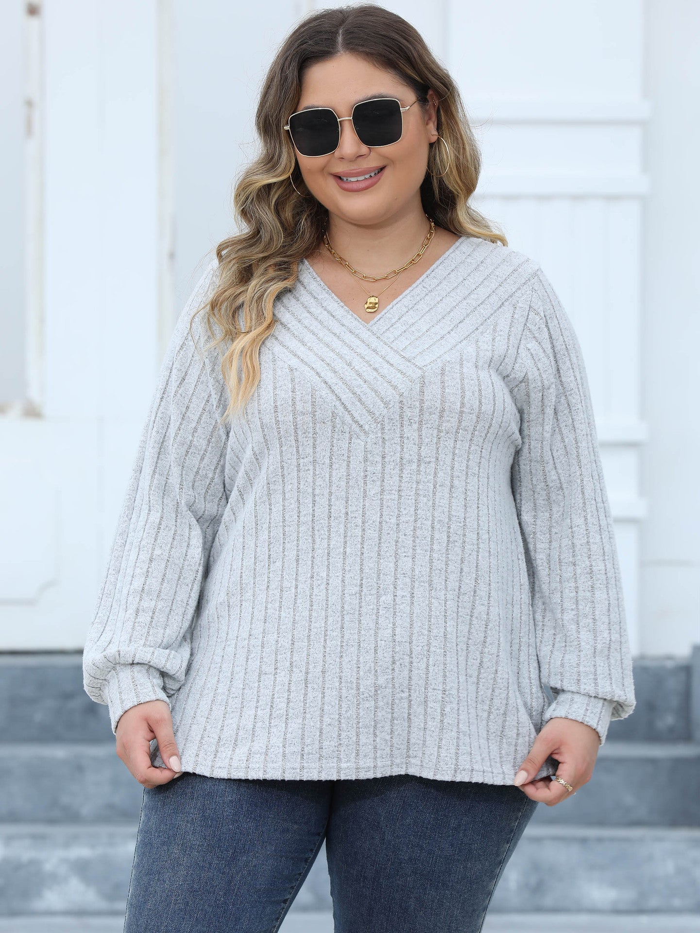 Woochic Haut grande taille col en V rayures manches lanternes