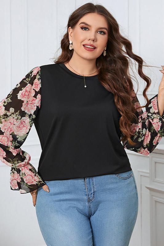 Woochic Haut grande taille col en rond imprimé manches lanternes à volants noir 1XL