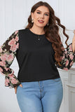 Woochic Haut grande taille col en rond imprimé manches lanternes à volants noir 1XL
