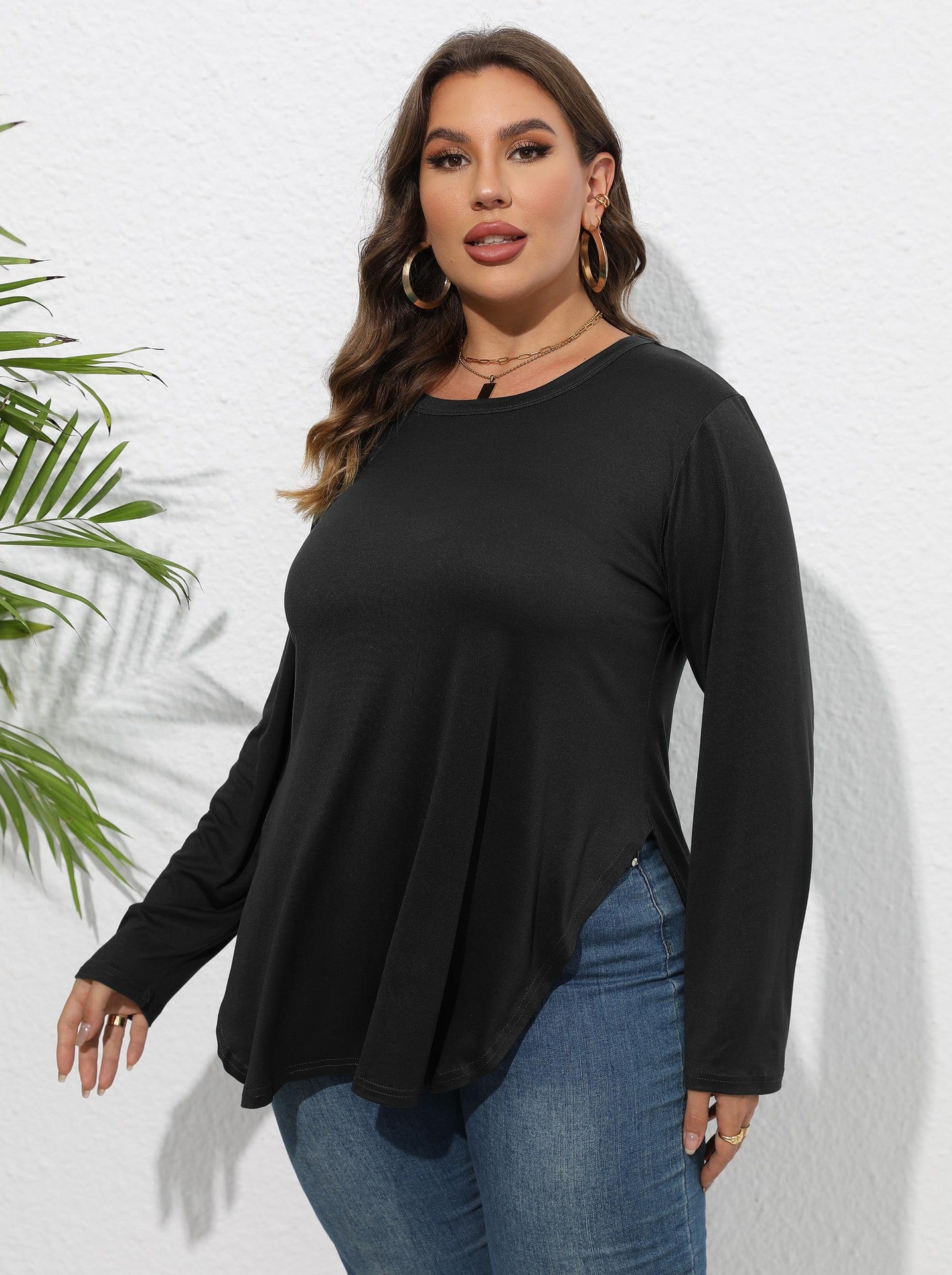 Woochic Haut grande taille col en rond manches longues irrégulière