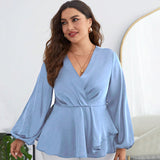 Woochic Haut grande taille en mousseline col en V manches bouffantes cintrée bleu 1XL