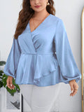 Woochic Haut grande taille en mousseline col en V manches bouffantes cintrée