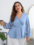 Woochic Haut grande taille en mousseline col en V manches bouffantes cintrée