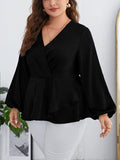 Woochic Haut grande taille en mousseline col en V manches bouffantes cintrée