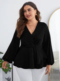 Woochic Haut grande taille en mousseline col en V manches bouffantes cintrée
