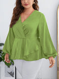 Woochic Haut grande taille en mousseline col en V manches bouffantes cintrée