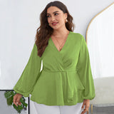 Woochic Haut grande taille en mousseline col en V manches bouffantes cintrée vert 6 1XL