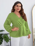 Woochic Haut grande taille en mousseline col en V manches bouffantes cintrée