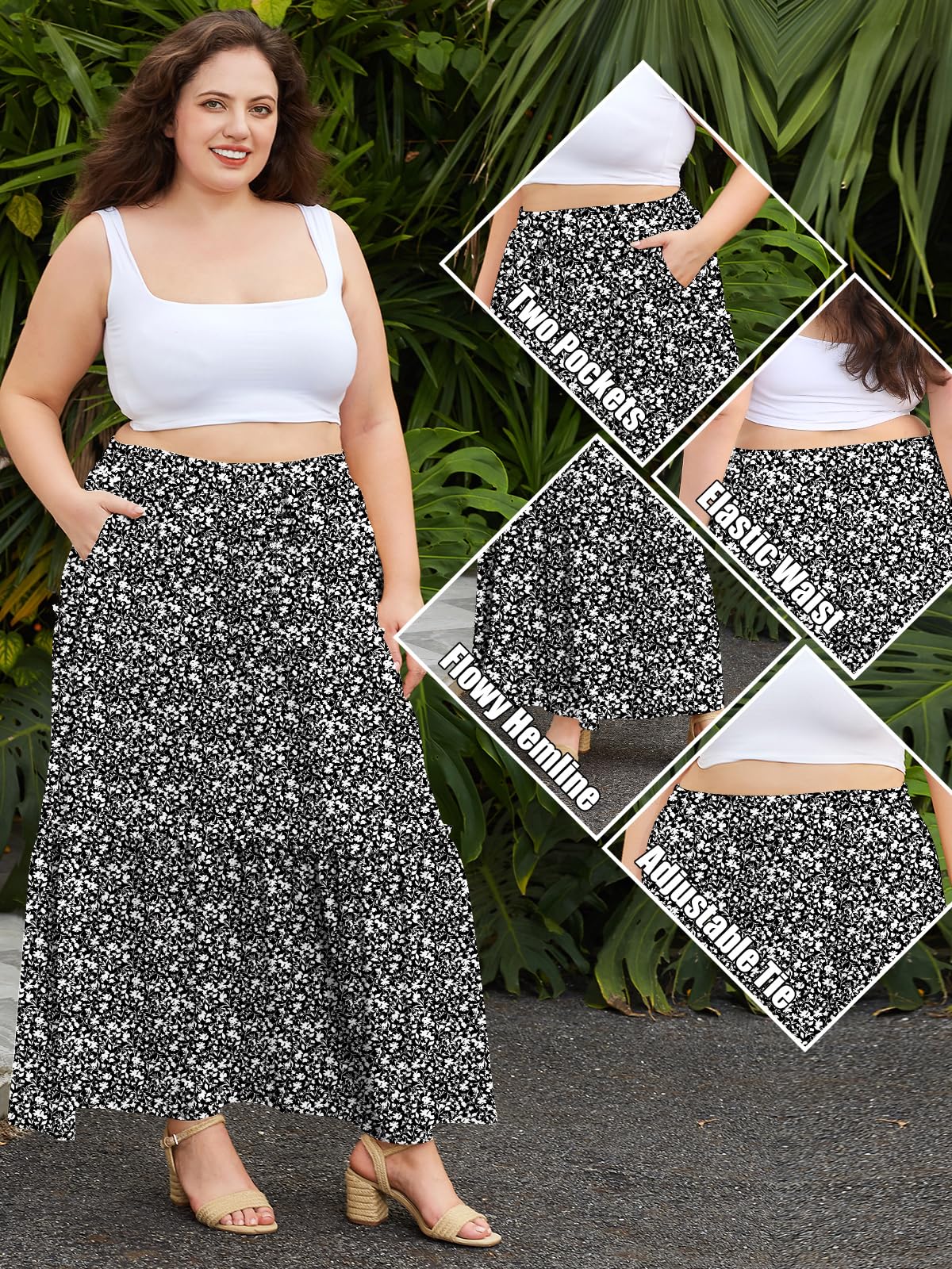 Woochic Jupe Longue Bohème Trapèze Élastique Taille Haute avec Poches