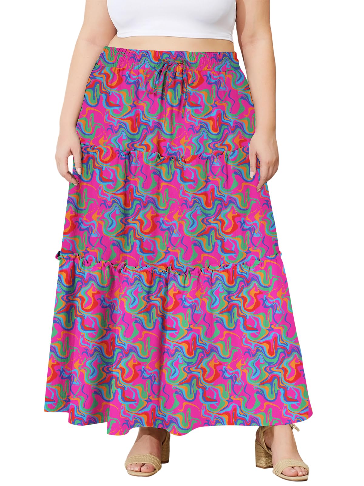 Woochic Jupe Longue Bohème Trapèze Élastique Taille Haute avec Poches Floral 02 1XL
