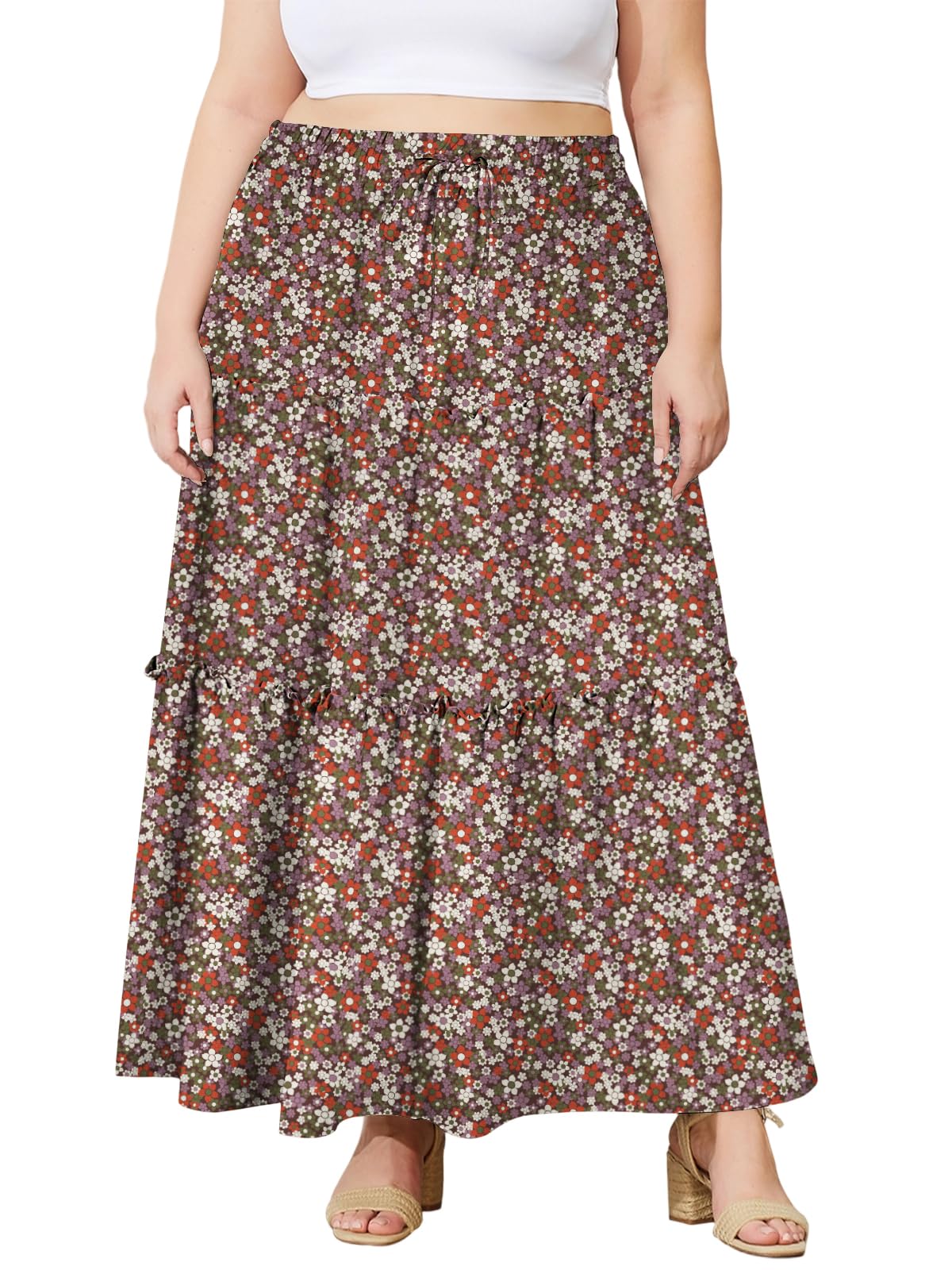 Woochic Jupe Longue Bohème Trapèze Élastique Taille Haute avec Poches Floral 03 1XL