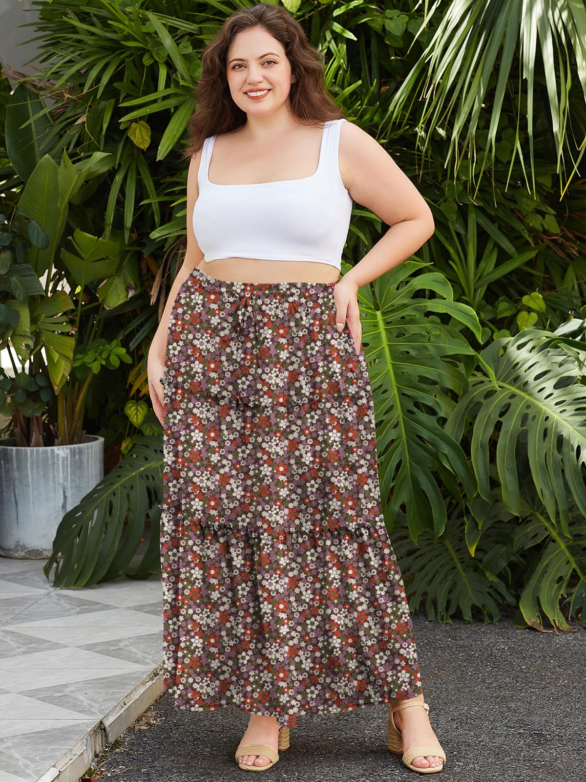 Woochic Jupe Longue Bohème Trapèze Élastique Taille Haute avec Poches