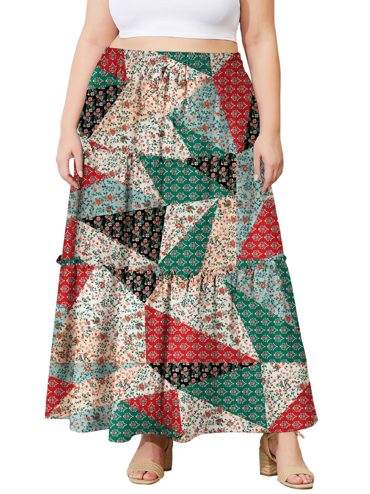 Woochic Jupe Longue Bohème Trapèze Élastique Taille Haute avec Poches Floral 04 1XL