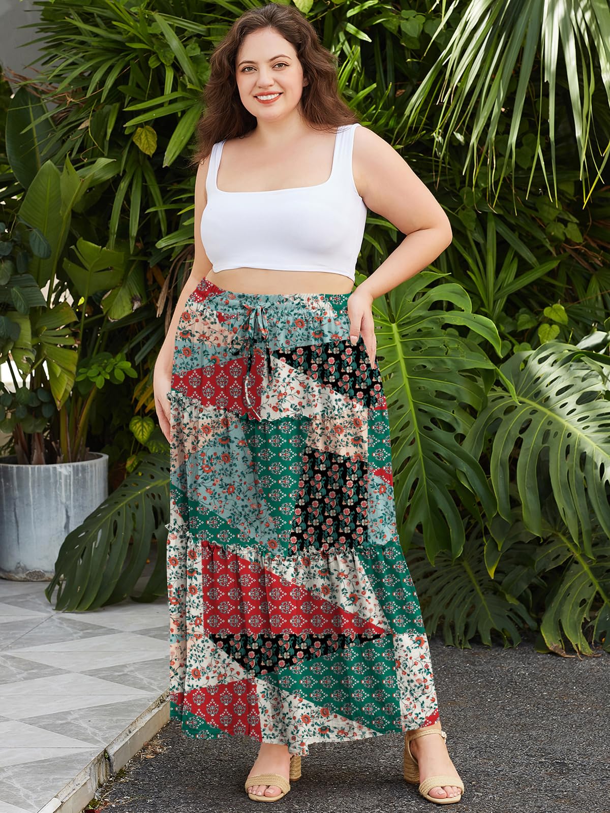 Woochic Jupe Longue Bohème Trapèze Élastique Taille Haute avec Poches