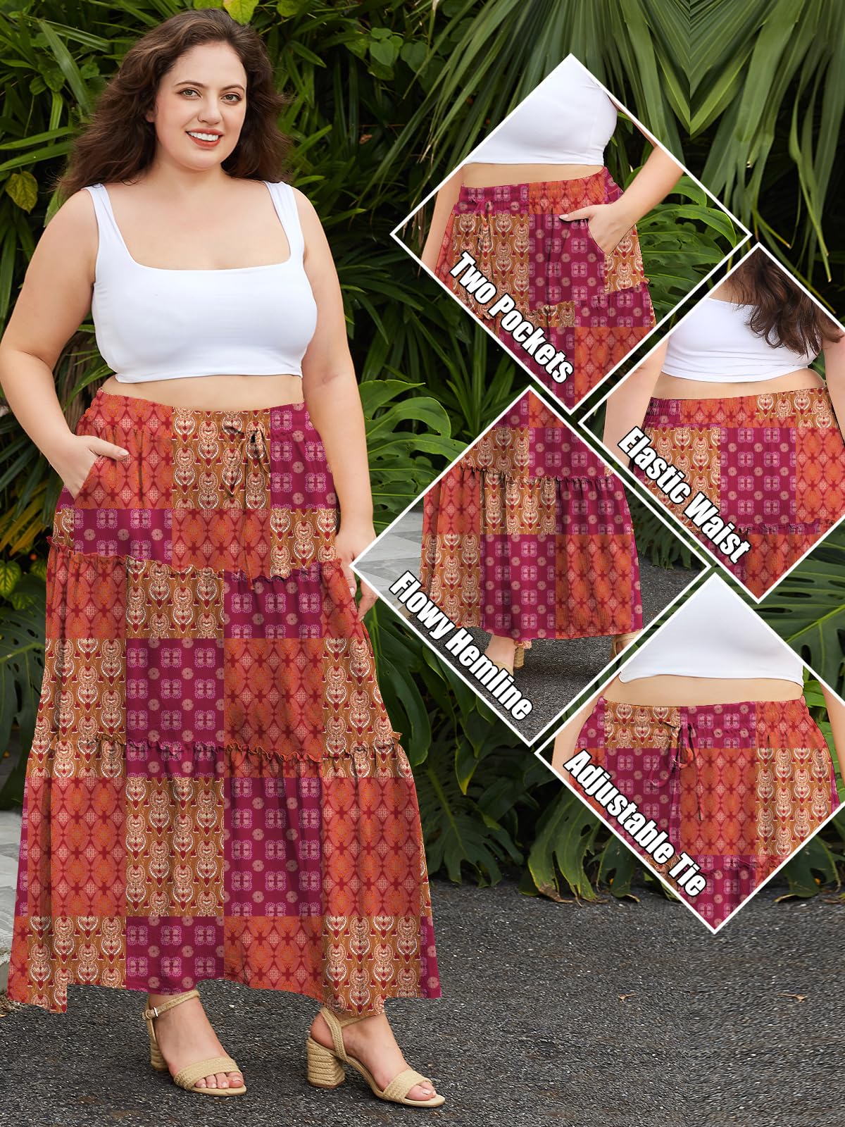 Woochic Jupe Longue Bohème Trapèze Élastique Taille Haute avec Poches