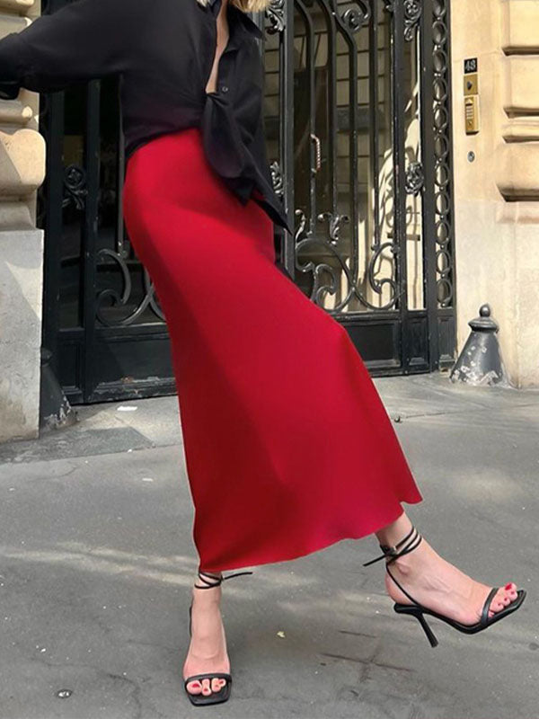 Woochic Jupe Longue Queue De Poisson En Satin Rouge