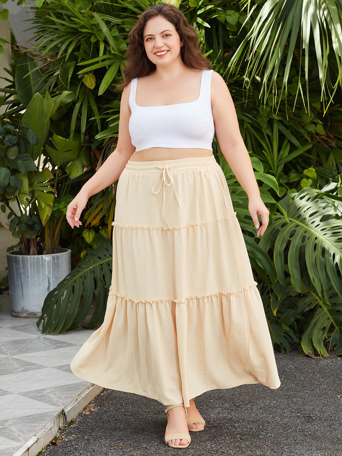 Woochic Jupe Longue d'Été Femme Grande Taille Haute Plissée Coupe A
