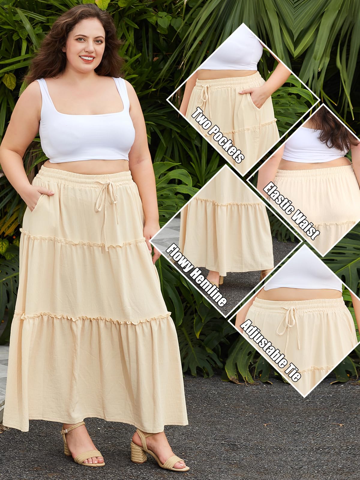 Woochic Jupe Longue d'Été Femme Grande Taille Haute Plissée Coupe A