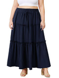 Woochic Jupe Longue d'Été Femme Grande Taille Haute Plissée Coupe A bleu marine 1XL