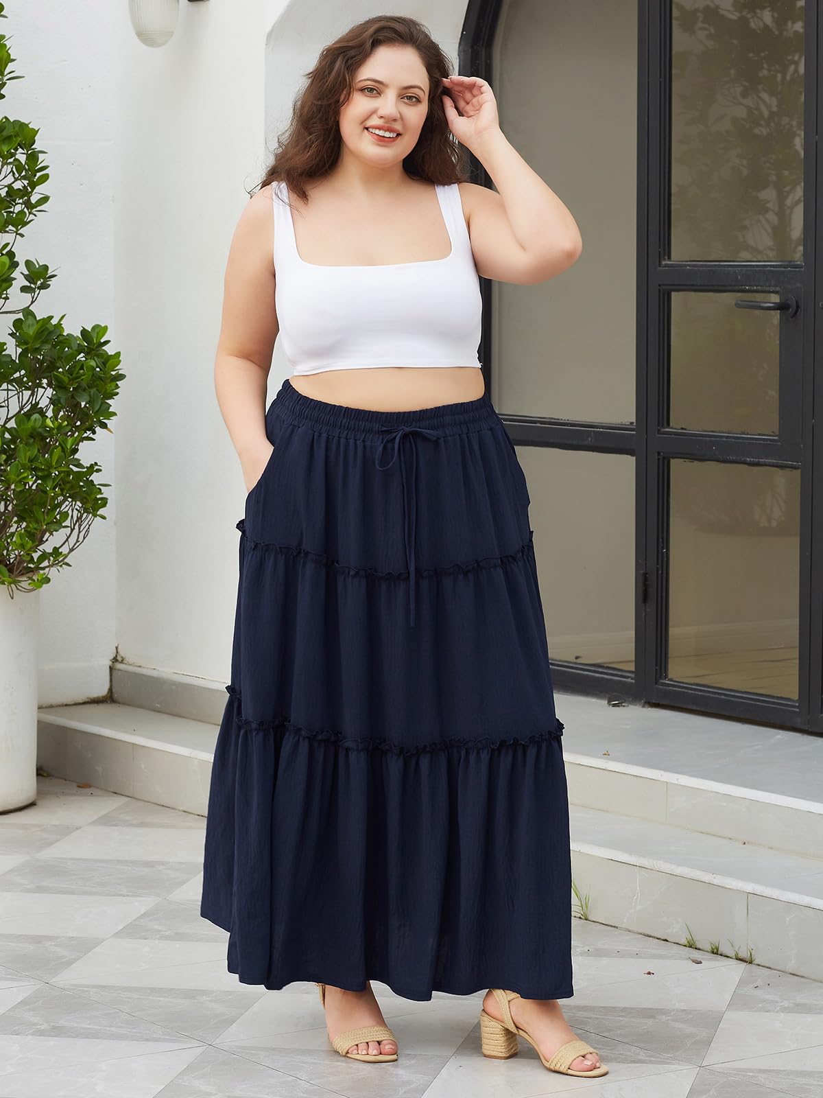Woochic Jupe Longue d'Été Femme Grande Taille Haute Plissée Coupe A