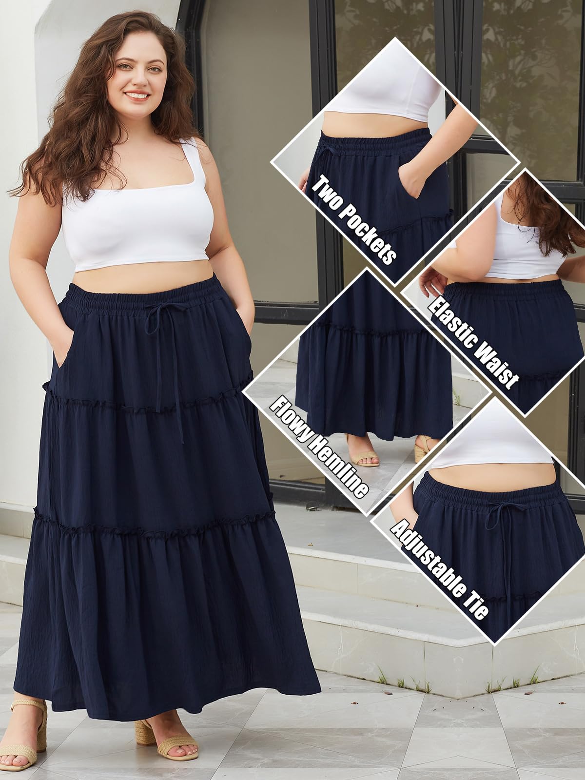 Woochic Jupe Longue d'Été Femme Grande Taille Haute Plissée Coupe A