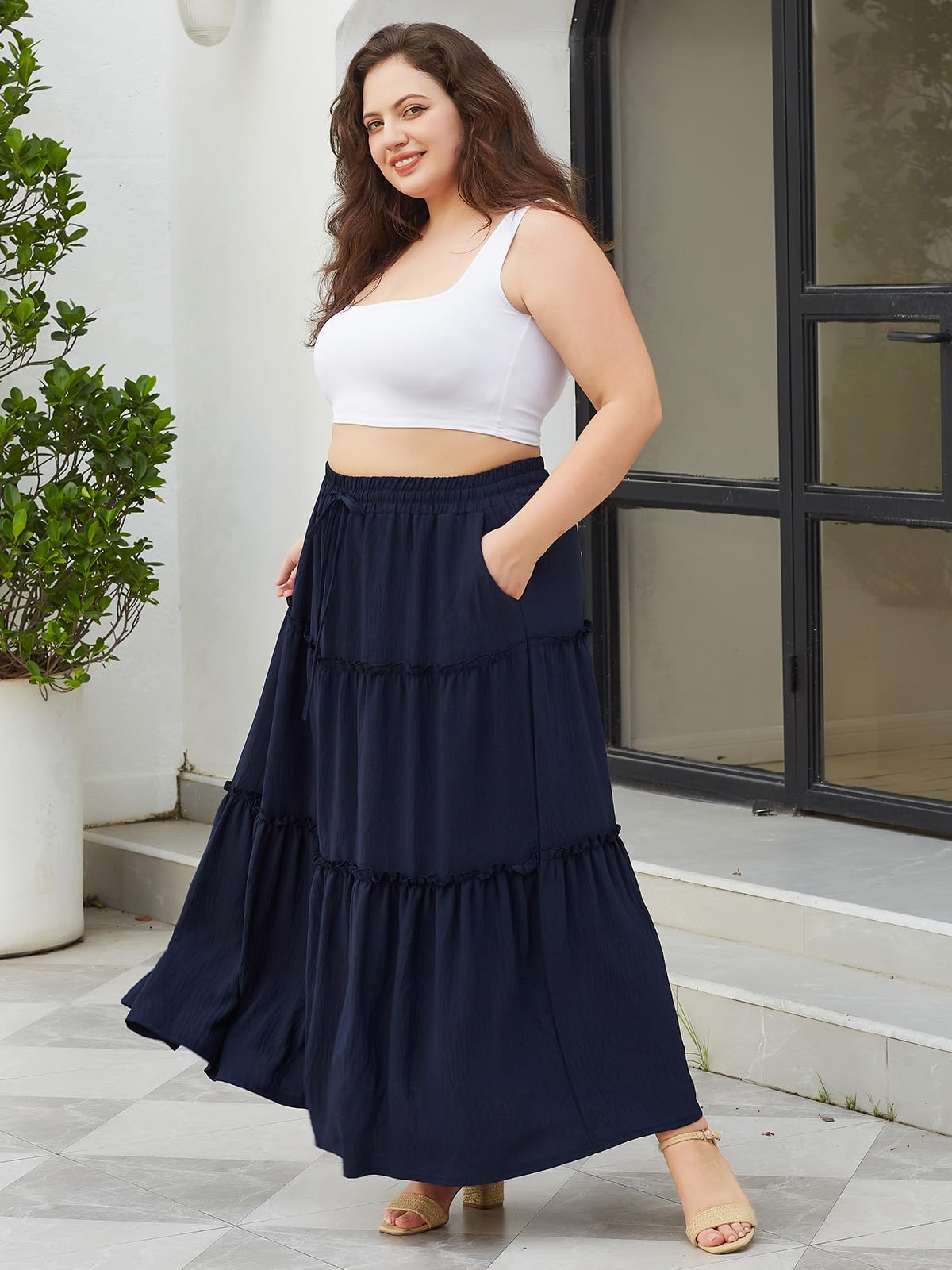 Woochic Jupe Longue d'Été Femme Grande Taille Haute Plissée Coupe A