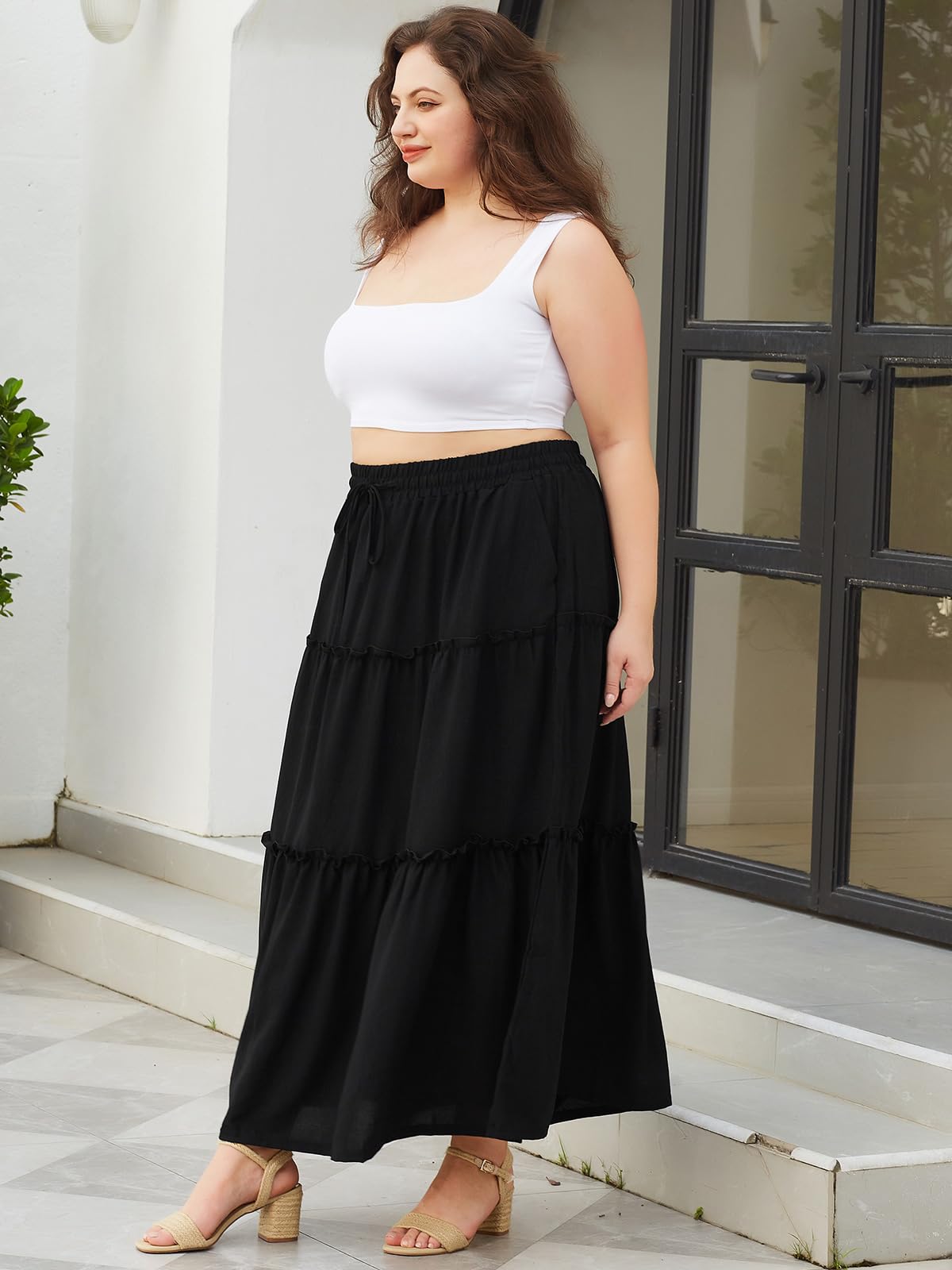 Woochic Jupe Longue d'Été Femme Grande Taille Haute Plissée Coupe A